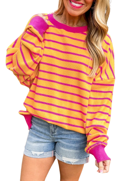 Orange Stripe Trimmed Round Neck Drop Shoulder Loose Sweater