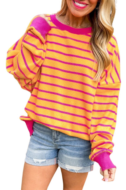 Orange Stripe Trimmed Round Neck Drop Shoulder Loose Sweater