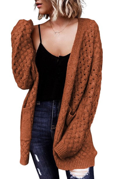 Brown Open Front Woven Texture Knitted Cardigan with Pockets