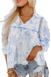 Sky Blue Floral 3/4 Sleeve Tied Collar Blouse