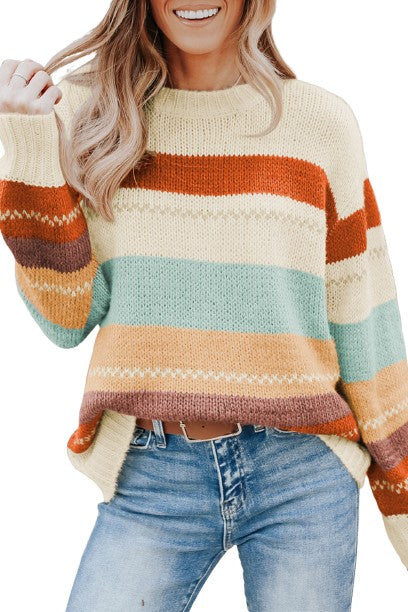 Crew Neck Drop-shoulder Striped Color Block Sweater