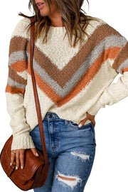 Beige Chevron Striped Drop Shoulder Sweater