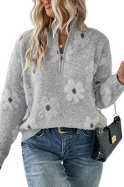 Gray Plus Size Embroidered Floral Pattern Half Zip Sweater