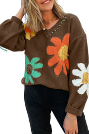 Coffee Big Flower Pattern V Neck Drop Shoulder Sweater