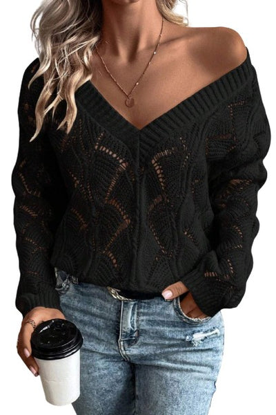 Black Hollow Out Knit V Neck Drop Shoulder Sweater