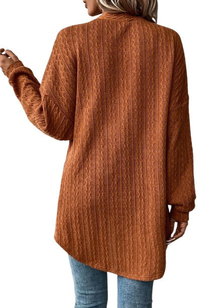 Chestnut Textured Knit Side Pockets Open Front Cardigan