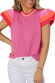 Bright Pink Contrast Flutter Sleeves Knitted Sweater T Shirt