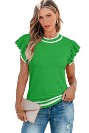 Bright Green Edge Piping Ruffled Sleeve Round Neck Knit T Shirt