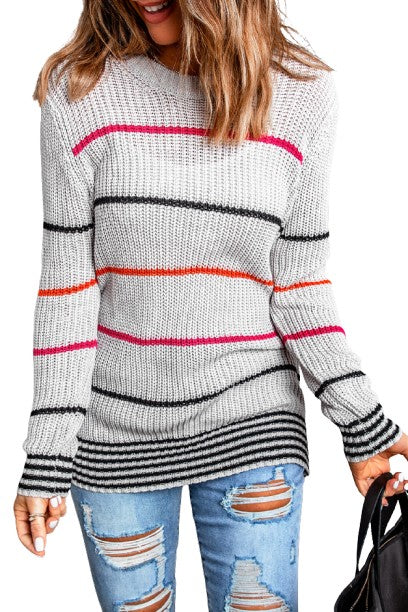 Gray Ribbed Knit Striped Sweater