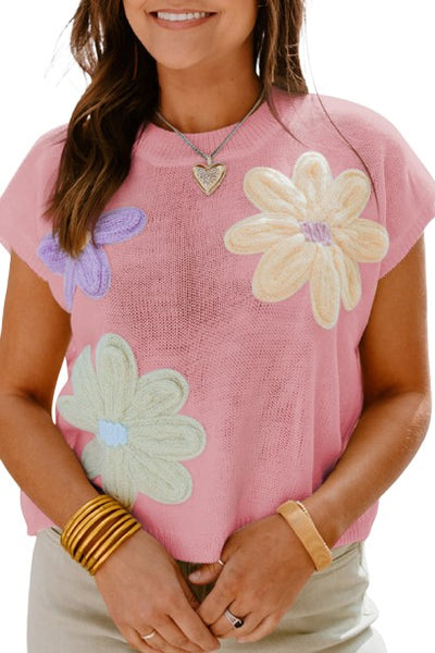 Pink Multi Crochet Flower Knit Short Sleeve Sweater Top