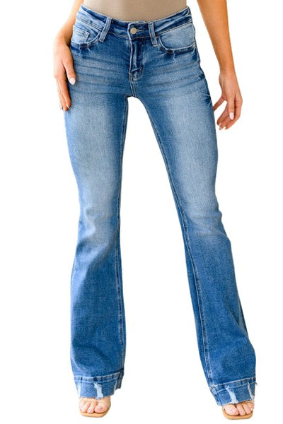 Sky Blue Slight Distressed Medium Wash Flare Jeans