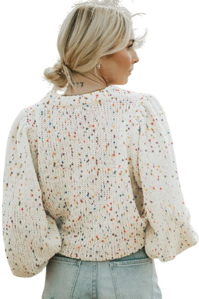 Beige Colorful Confetti Dots Cable Knit Crew Neck Sweater