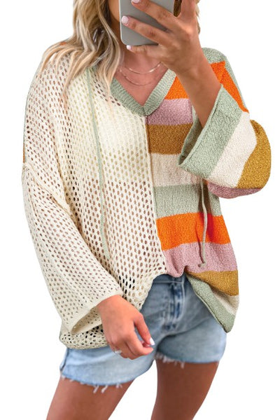 Beige Oversized Colorblock V Neck Hooded Sweater