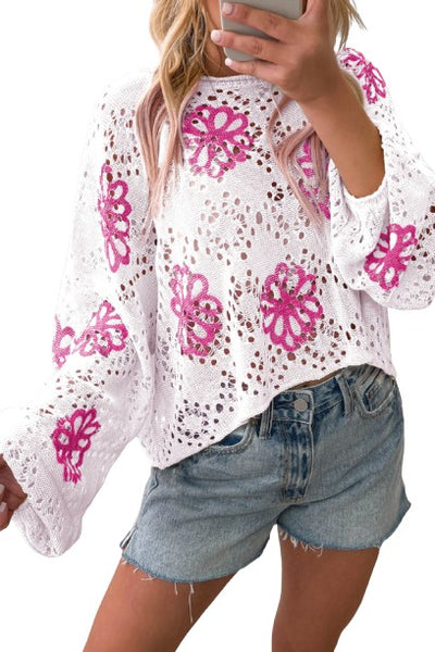 White Contrast Flower Print Eyelet Drop Shoulder Sweater