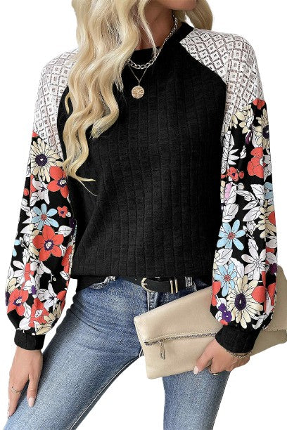 Black Floral Patchwork Long Sleeve Ribbed Blouse