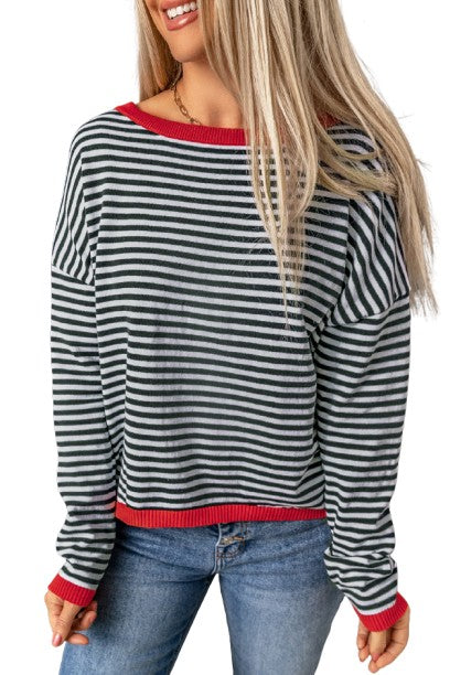 Contrast Trimmed Striped Drop Shoulder Sweater