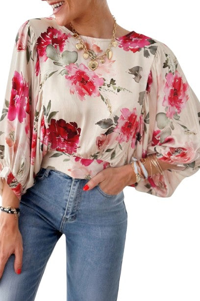 Rose Floral 3/4 Sleeve Lace-up Back Blouse