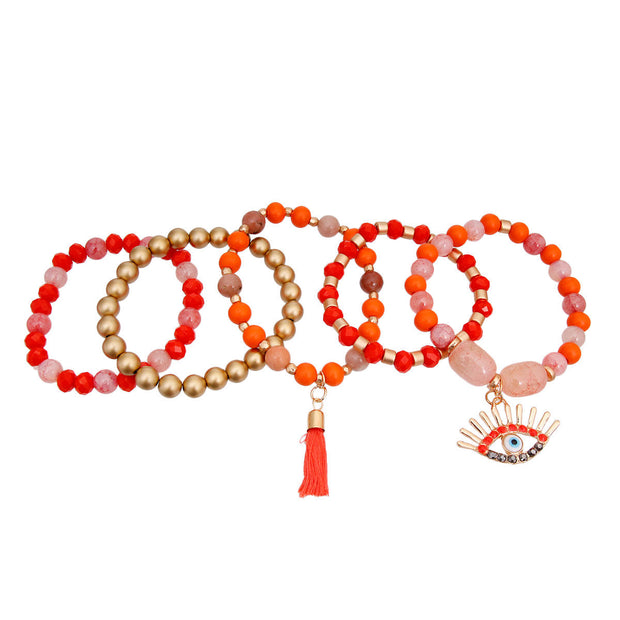 Coral and Matte Gold Evil Eye Bracelets