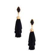 Black Raffia Stacked Tassel Earrings