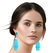 Teal Raffia Stacked Tassel Earrings