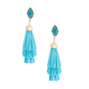 Teal Raffia Stacked Tassel Earrings