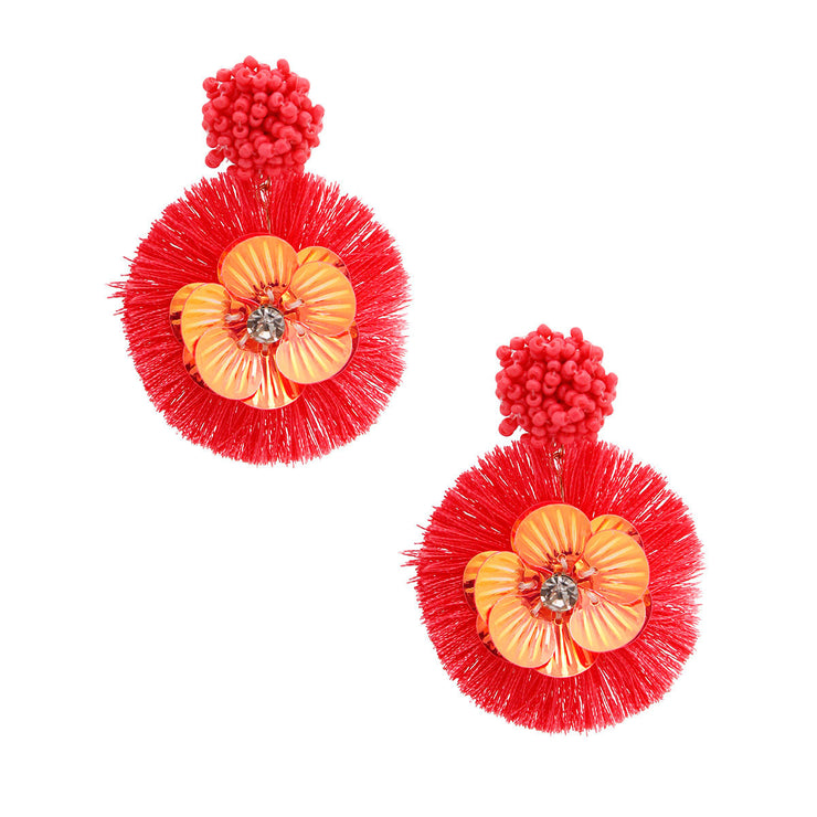 Coral Sequin Flower Tassel Earrings