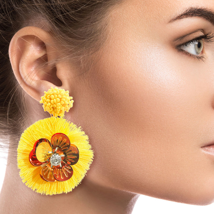 Yellow Sequin Flower Tassel Earrings