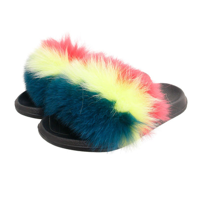 Coral to Green Fox Fur Medium Slippers