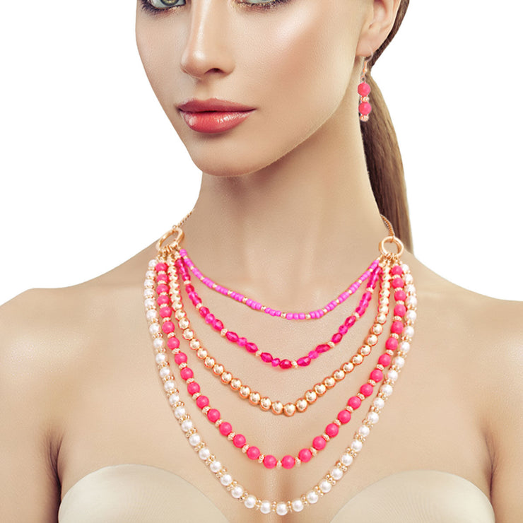 Fuchia Beads Pearl Necklace Set