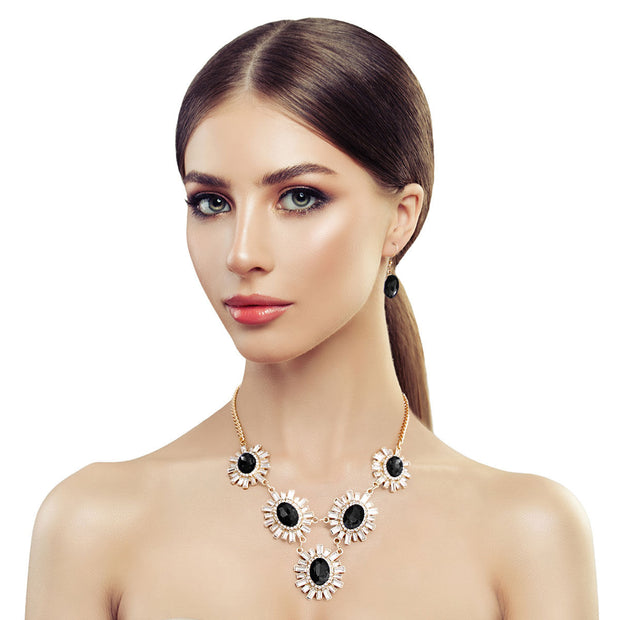 Flower Black Pendant Necklace Set