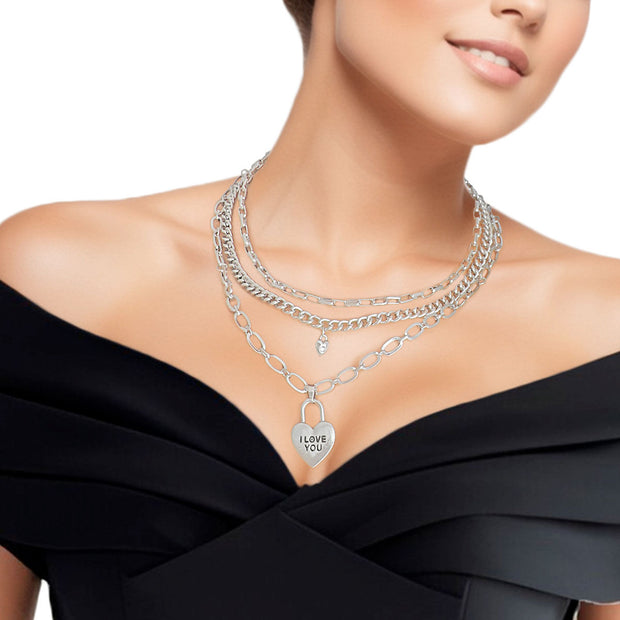 Dainty Silver 3 Layer Chain Locked Heart Necklace Set