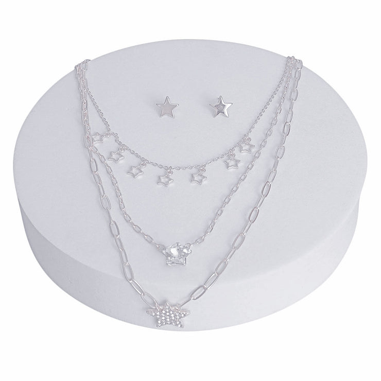 Silver 3 Layer Dainty Chain Star Necklace Set