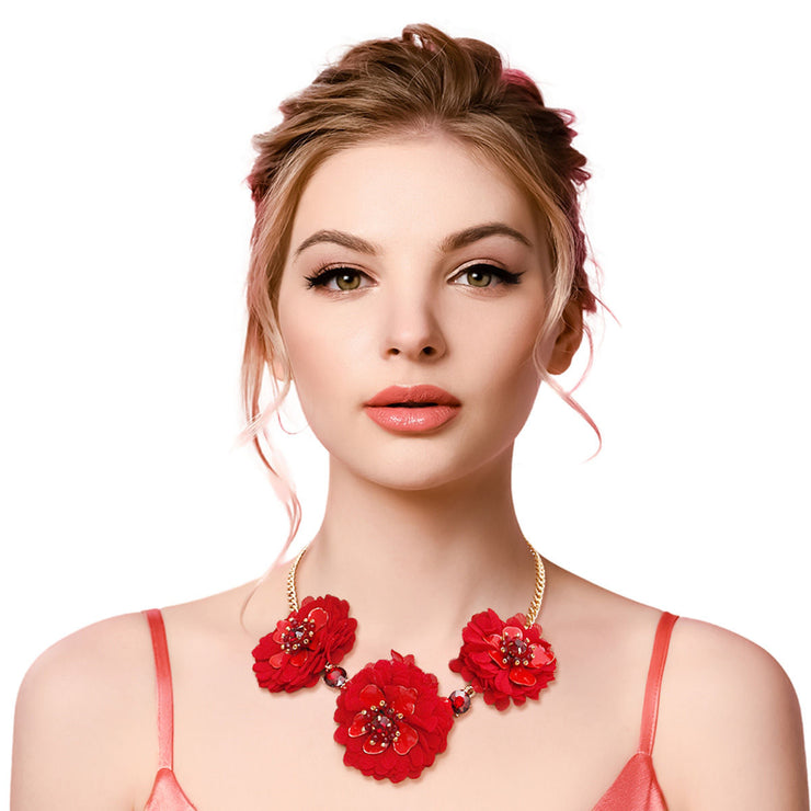 Red Fabric Flower Necklace Set