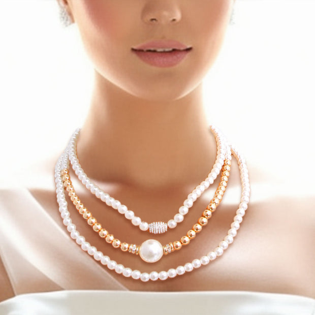 Cream and Gold Pearl 3 Strand Necklace Set