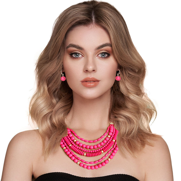 6 Layer Fuchsia Bead Necklace