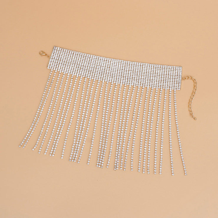 Anklet Gold Rhinestone 15 Line Long Fringe Women