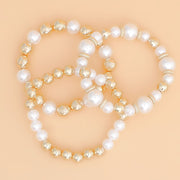 Bracelet Gold Bead White Pearl 3 Pcs Stretch Set