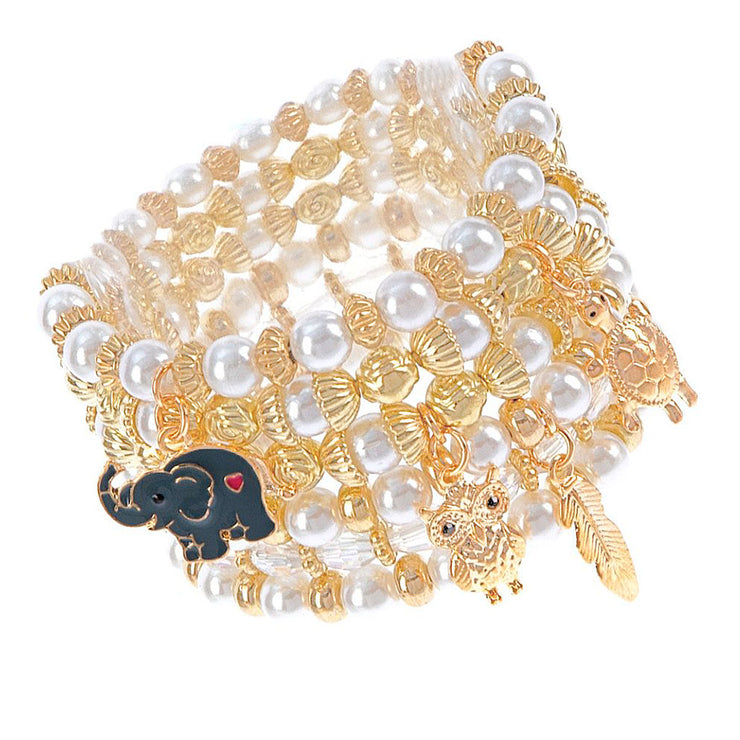 Bracelet White Pearl Gold Bead Animal Charm Set