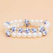 Bracelet Cream Pearl Blue Hand Painted Bead Set