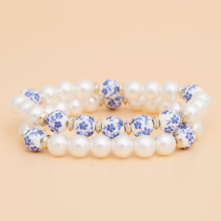 Bracelet Cream Pearl Blue Hand Painted Bead Set