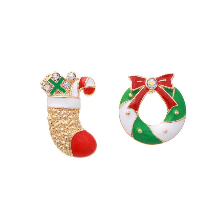 Charming Holiday Duo: Stocking and Wreath Mismatched Studs