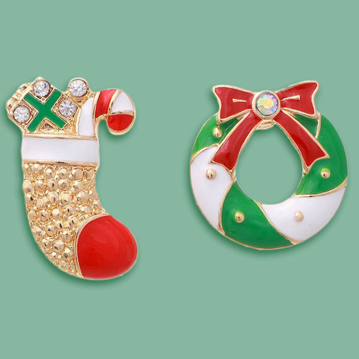 Charming Holiday Duo: Stocking and Wreath Mismatched Studs