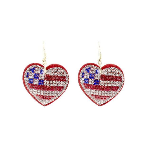 American Flag Rhinestone Heart Earrings