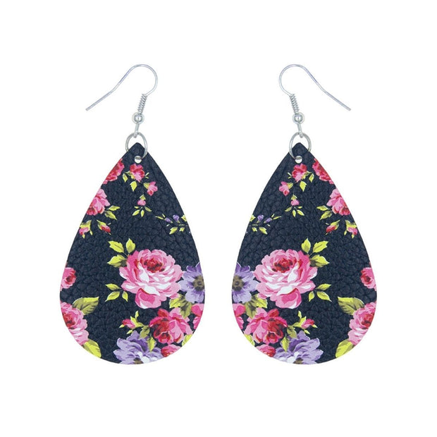 Pink Rose Printed Teardrop Earrings