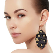 Gray Leopard Leather Feather Earrings