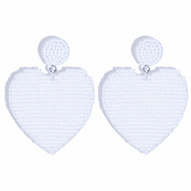 White Seed Bead Heart Earrings