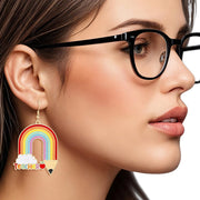 Fish Hook Rainbow Pencil Teacher Earrings Women