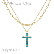 Gold Turquoise Stone Cross 2pc Necklace