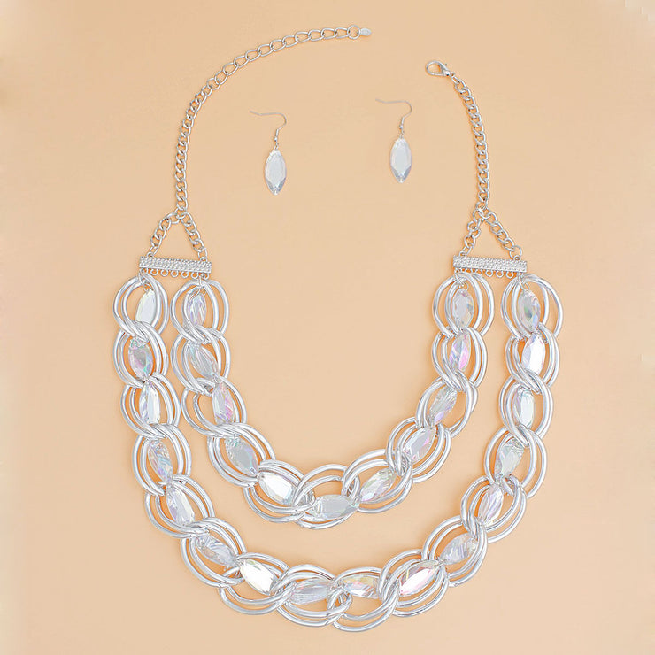 Chain Necklace Double Linked Silver Crystal Set