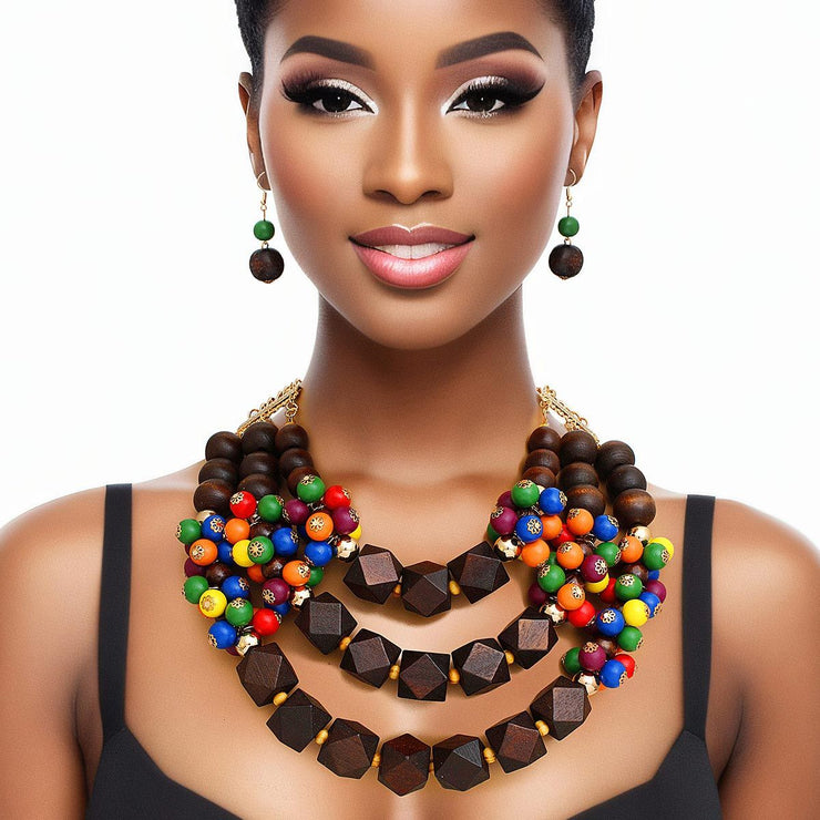 Necklace Wooden Cluster Bead Striking Set Women